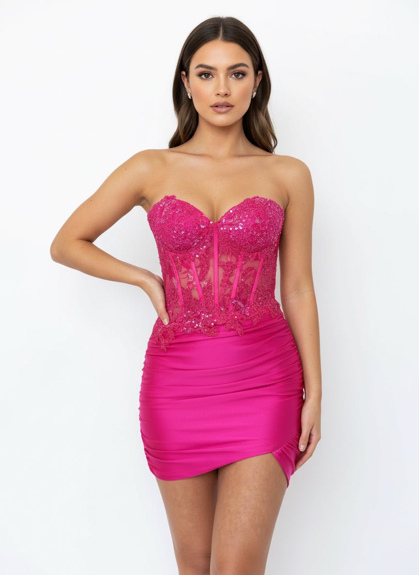 fuchsia cocktail dress ZAPAKA Women Fuchsia Corset Ball Prom Dress with Sequins Tiered Off The  Shoulder Party Dress with Slit – ZAPAKA NZ main image 1