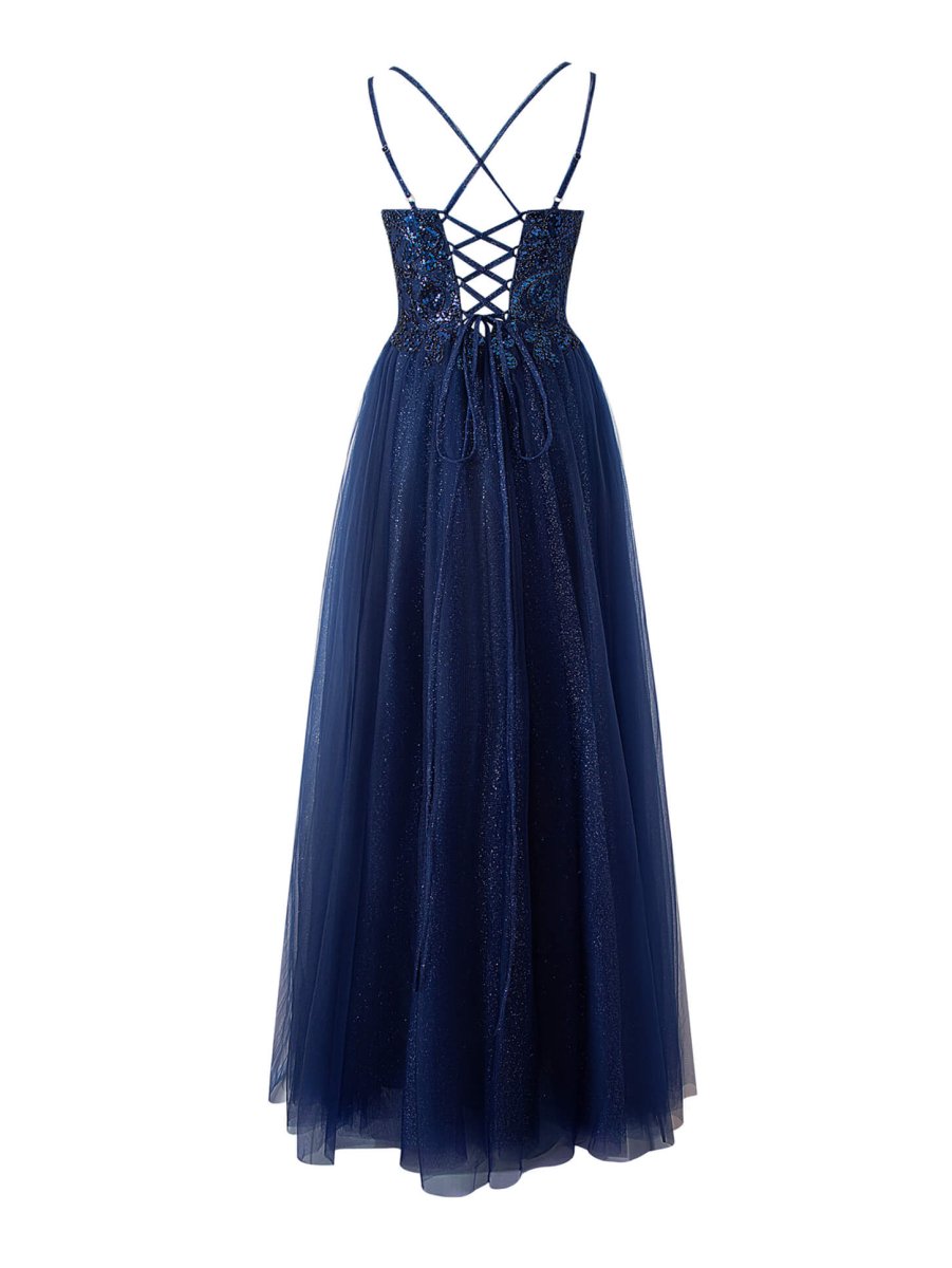 Emily Navy Blue | Aline Glitter Long Tulle Prom Dress with Appliques Emily Navy Blue | Aline Glitter Long Tulle Prom Dress with Appliques
