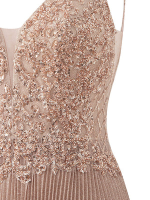 Elizabeth | Rose Pink A - line Floor Length Glitter Jersey Prom Dress with Appliques and Sequins - KissProm