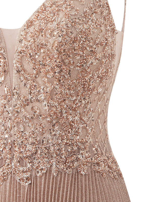 Elizabeth | Rose Pink A - line Floor Length Glitter Jersey Prom Dress with Appliques and Sequins - KissProm