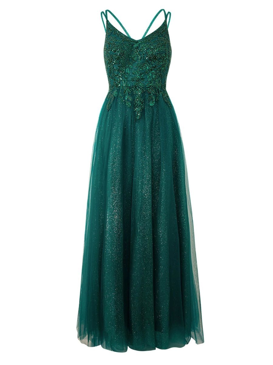 Green A - line Floor Length Glitter Tulle Prom Dress - KissProm
