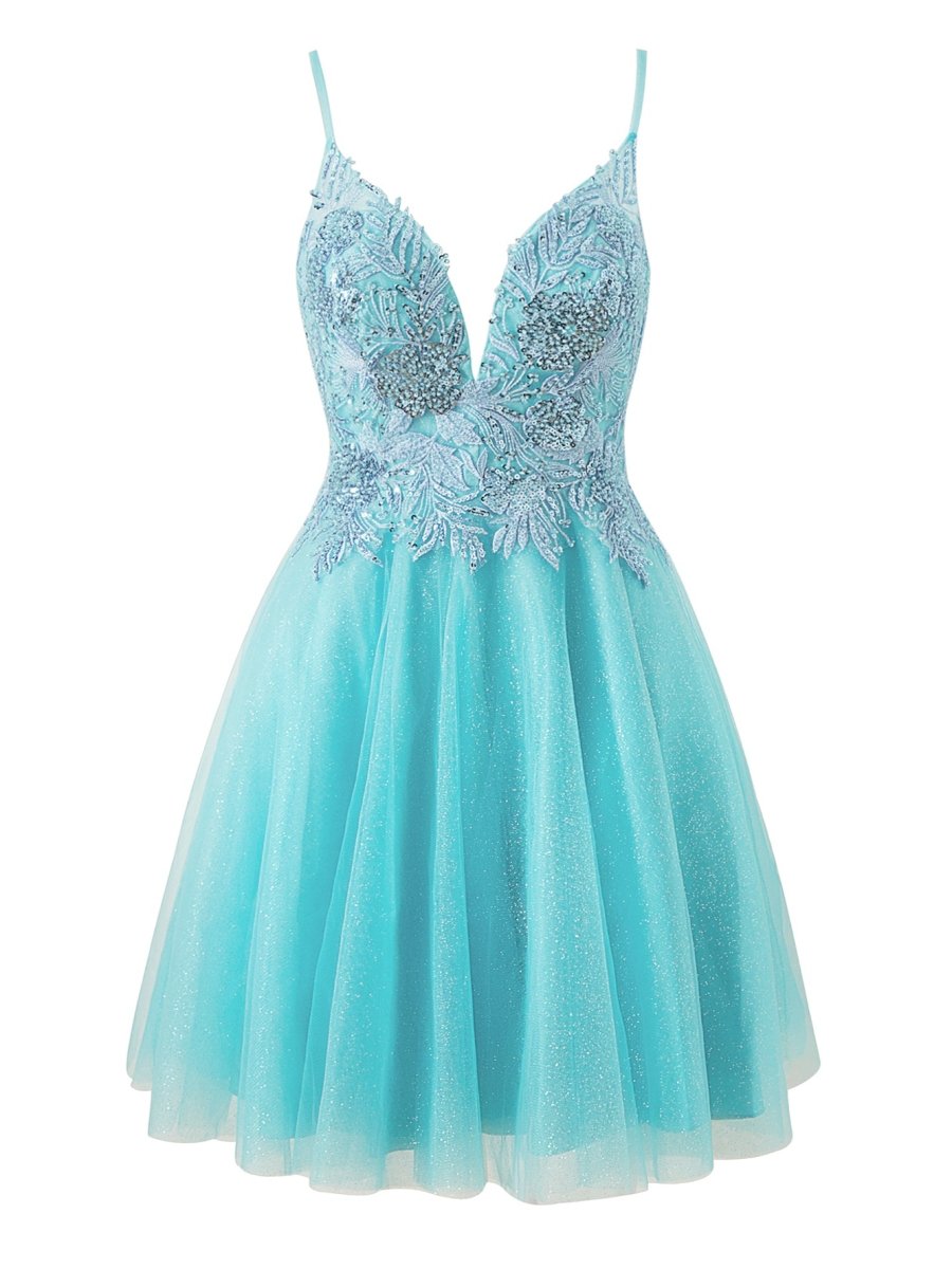 Sofia | A - line Short Spaghetti Strap Glitter Tulle Homecoming Dress - KissProm