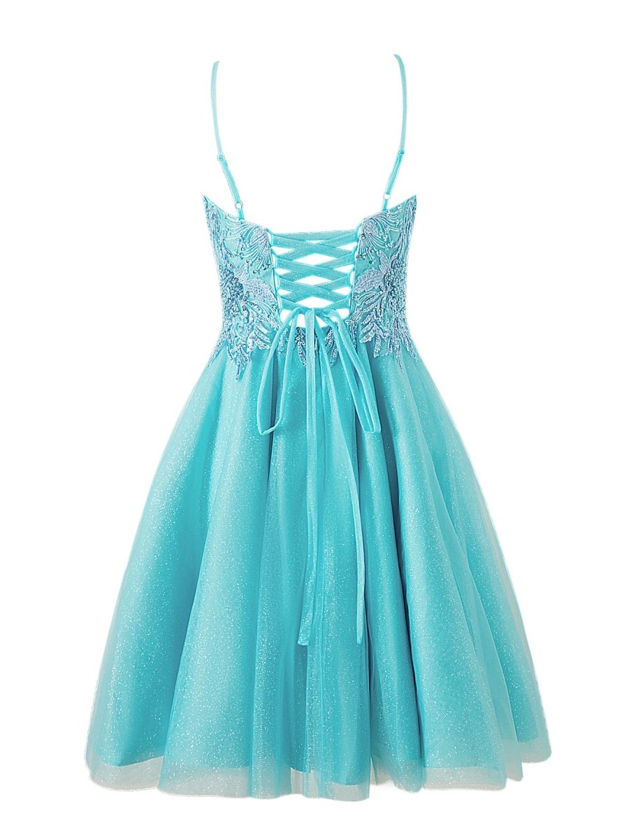 Sofia | A - line Short Spaghetti Strap Glitter Tulle Homecoming Dress - KissProm