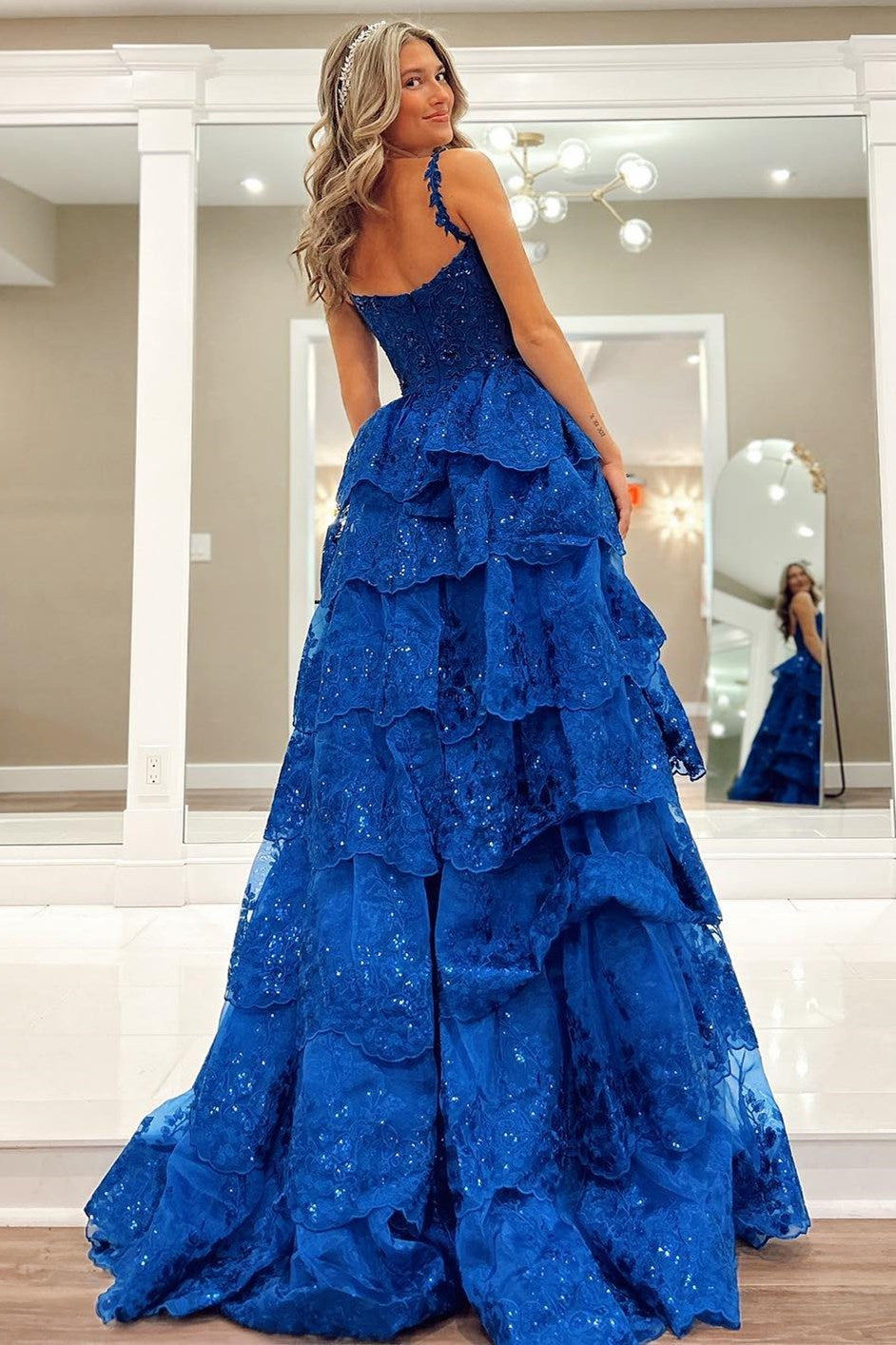 Dark blue tulle sequin long prom dress blue formal dress