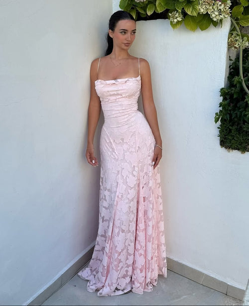 Pink A-Line Lace Floral Spaghetti Straps Long Prom Dresses