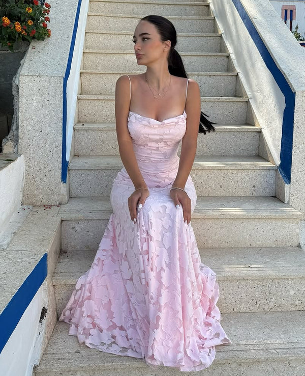 Pink A-Line Lace Floral Spaghetti Straps Long Prom Dresses