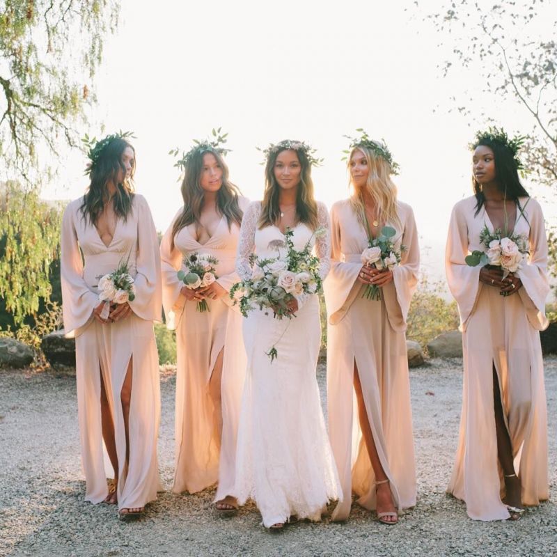 Boho A-Line Deep V Neck Long Sleeves Light Bridesmaid Dresses Pink / 16