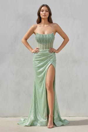 Strapless Mermaid Long Sequins Prom Dress With Split - KissProm