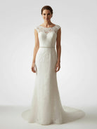 Bateau Neck Cap Sleeve Fit and Flare Lace Wedding Dress - KissProm