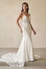 Mermaid V Neck Satin Wedding Dresses with Lace Appliques – Wedding Dresses by Kissprom | Available at KissProm