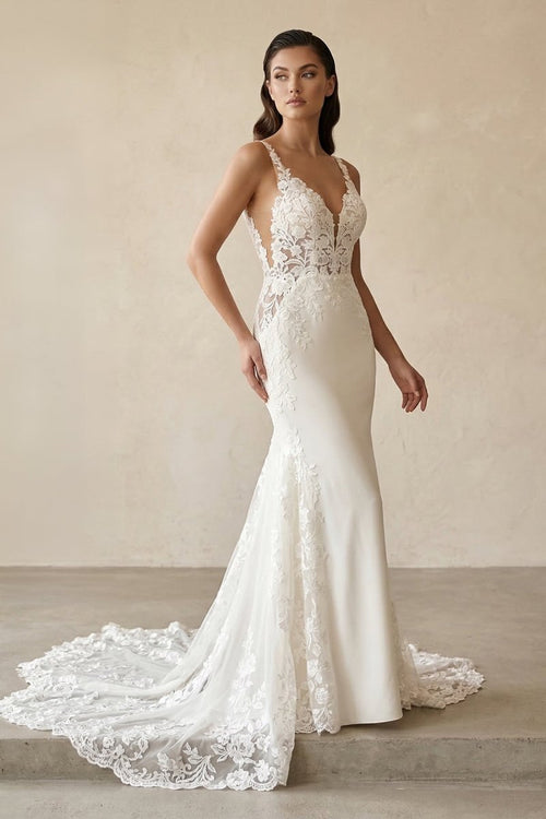 Mermaid V Neck Satin Wedding Dresses with Lace Appliques – Wedding Dresses by Kissprom | Available at KissProm