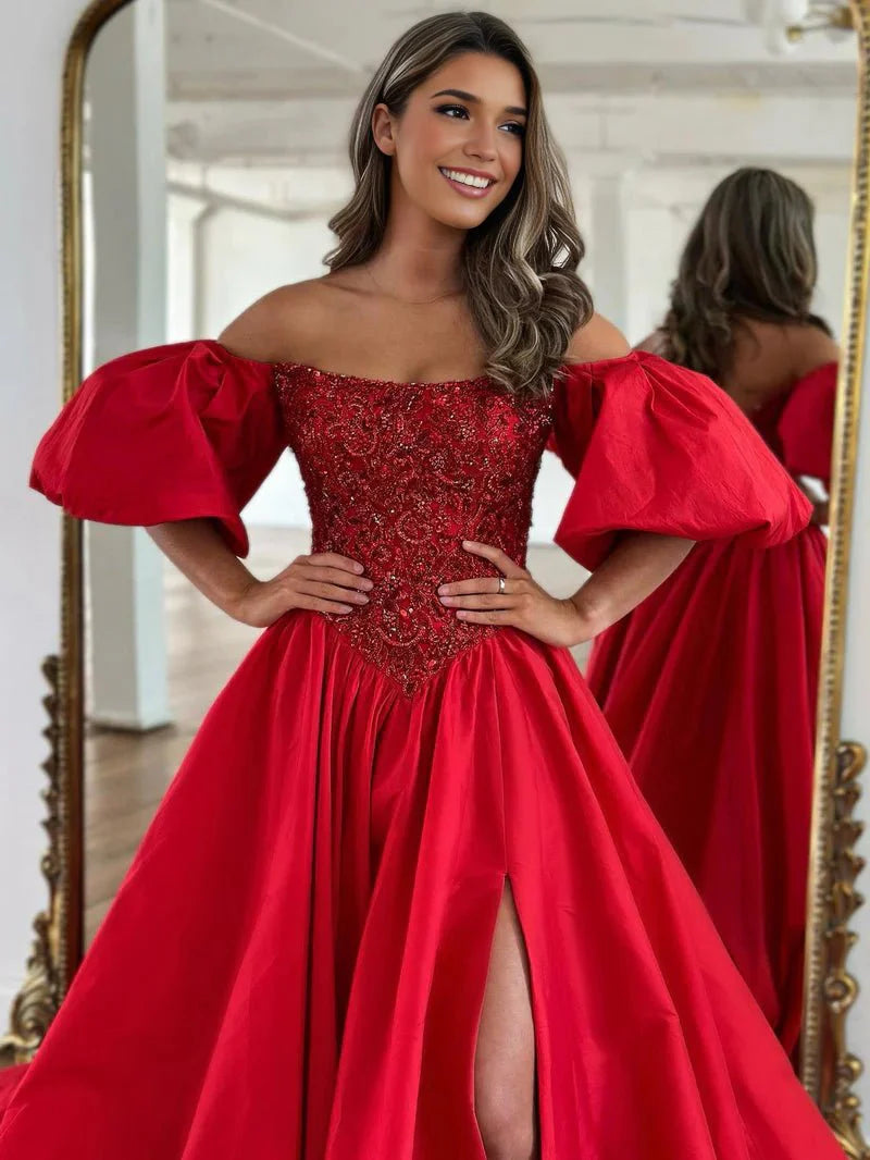 Liana Red A-Line Off The Shoulder Taffeta Prom Dress With Puffy Sleeves Liana Red A-Line Off The Shoulder Taffeta Prom Dress With Puffy Sleeves