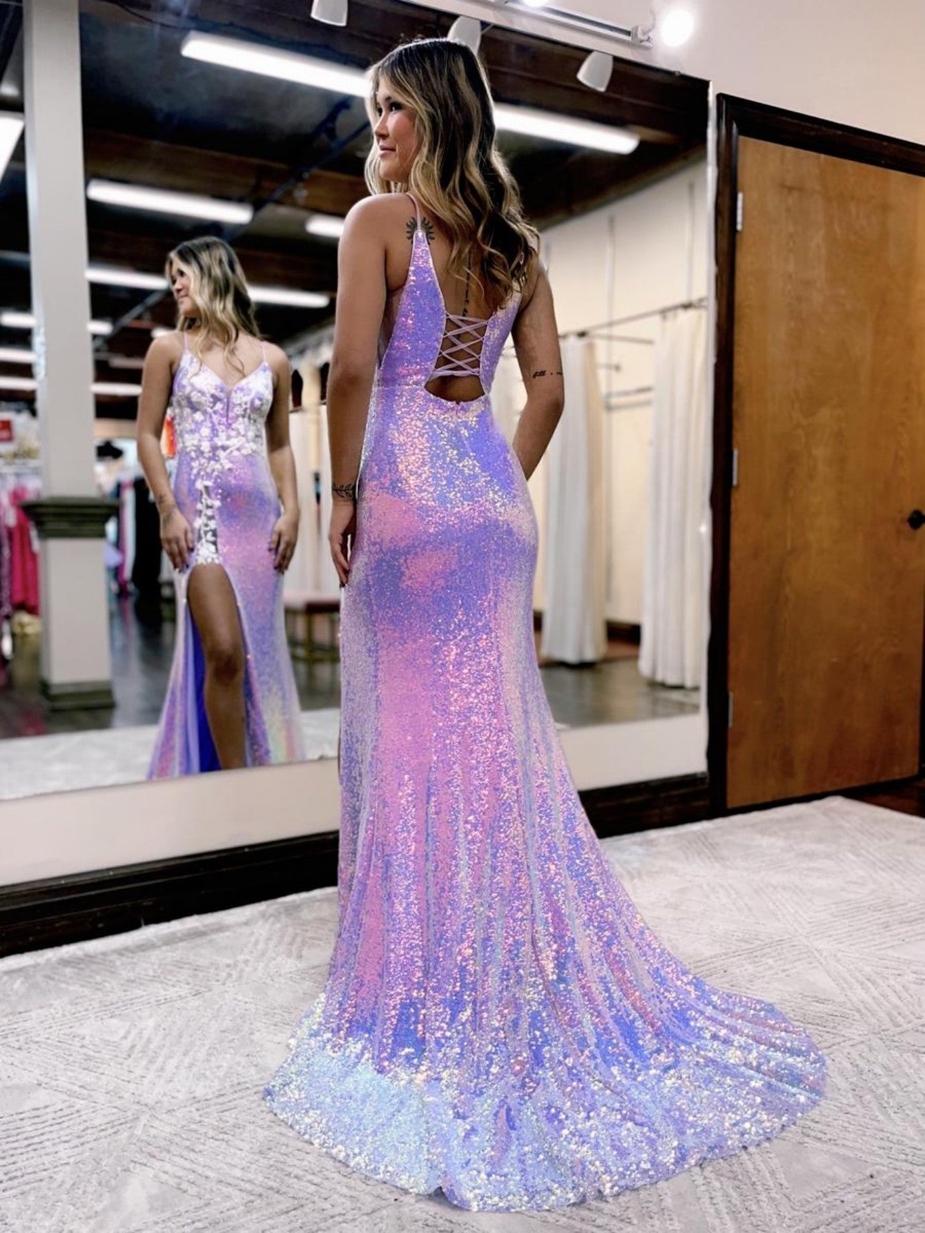 Purple Glitter Floral Long Prom Dress with Slit