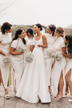 Simple A-Line Square Neck White Satin Wedding Dresses Simple A-Line Square Neck White Satin Wedding Dresses