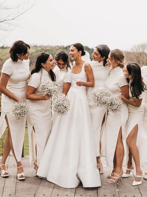 Simple A-Line Square Neck White Satin Wedding Dresses