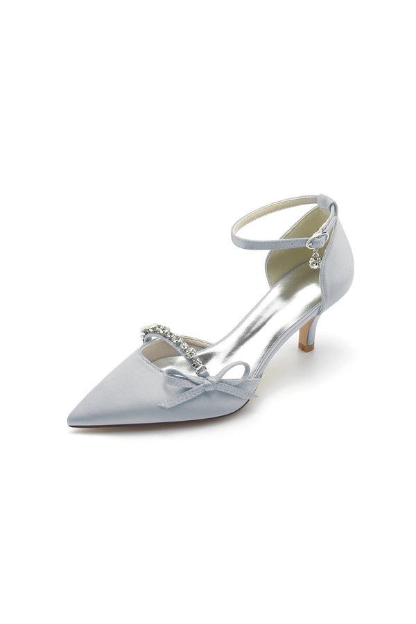 Pointed Toe Rhinestone Kitten Heels With Bow - KissProm