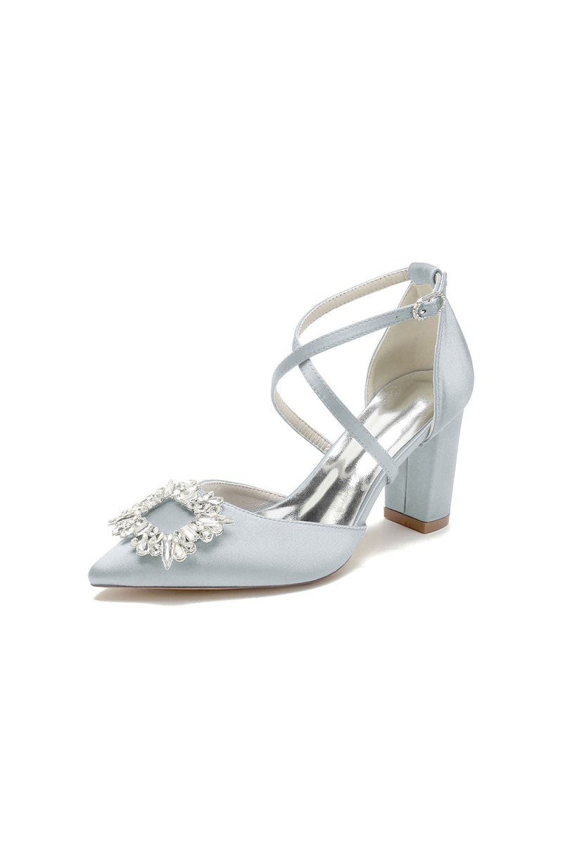 White Satin Pump with Crystal - Embellished Cross - Strap - KissProm