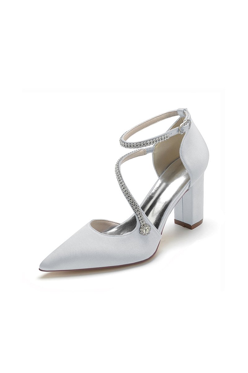 White Satin Pump with Cross - Strap and Beaded Buckle - KissProm