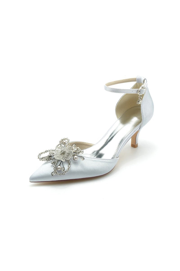 Floral Pointed Toe Beading Kitten Heels - KissProm