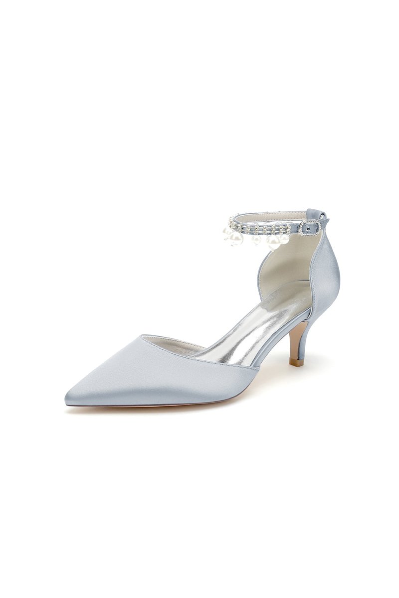 Pointed Toe Pearl Strap Kitten Heels - KissProm