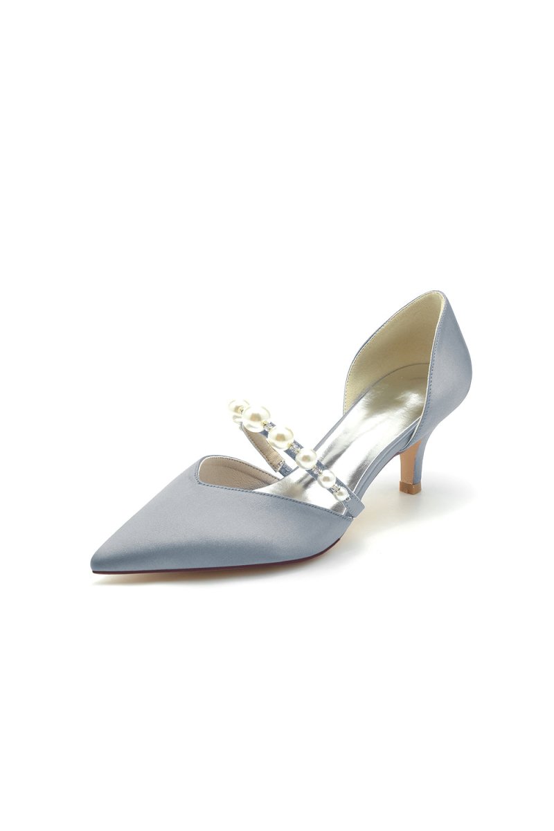 Elegant Satin Pointed Toe Heels with Pearl Strap - KissProm