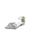 Satin Beaded Pointed Toe Ankle Strap Buckle Kitten Heels - KissProm