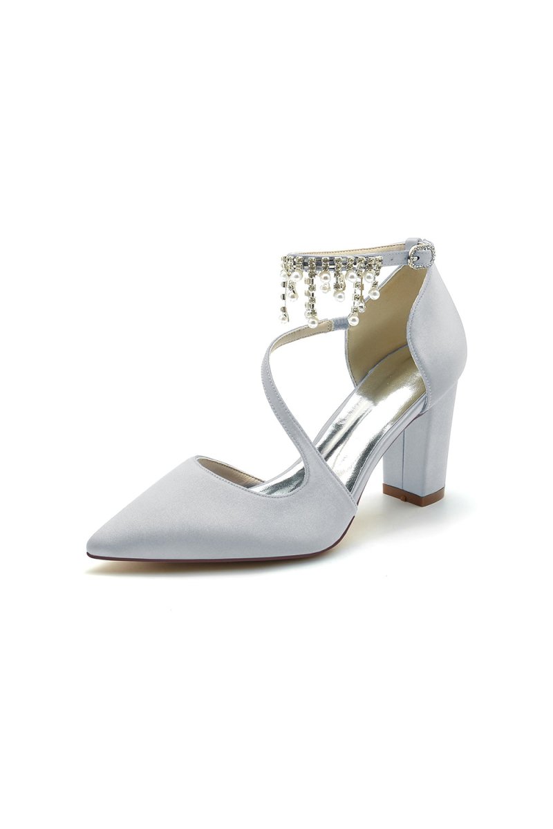 White Satin Pump with Pearl - Embedded Chain Heel - KissProm