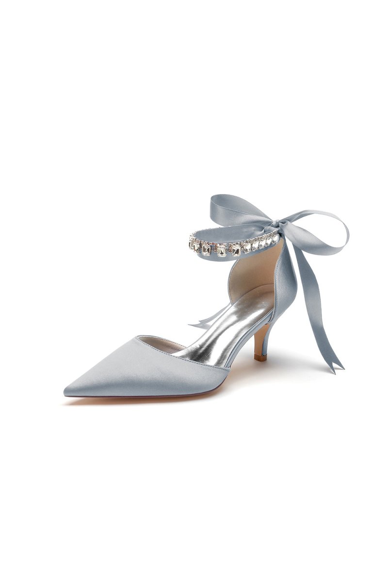 Pointed Toe Ribbons Kitten Heels With Diamond - KissProm
