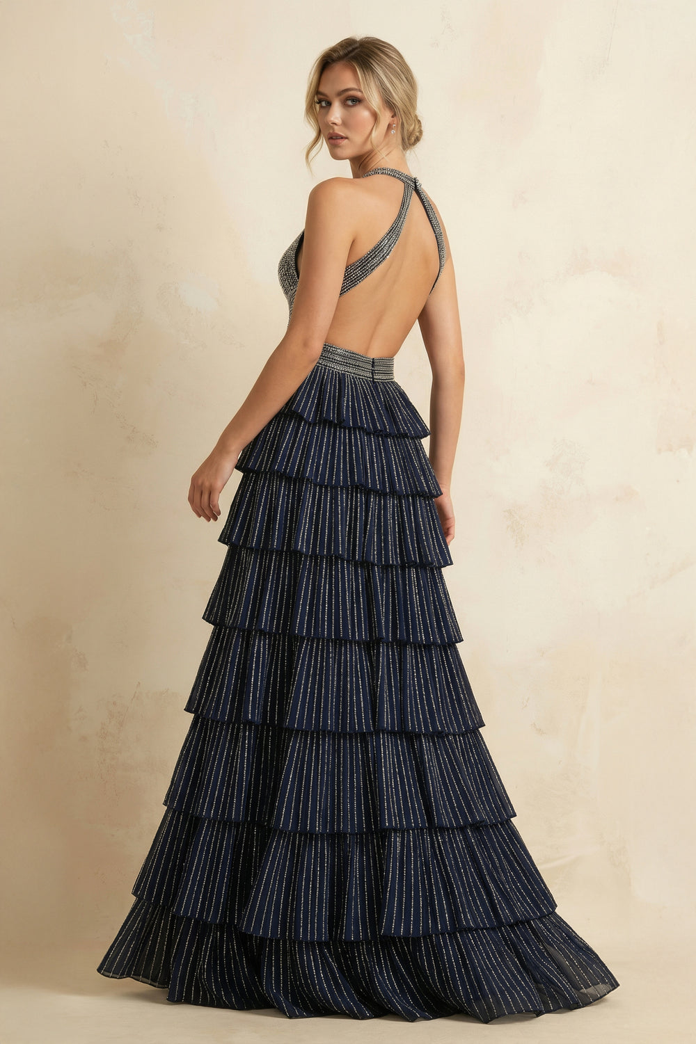 Navy Blue - A-Line Halter Satin Beaded Long Prom Dresses With Ruffles