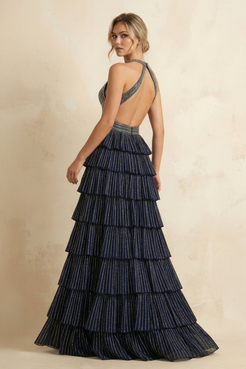 Navy Blue - A - Line Halter Satin Beaded Long Prom Dresses With Ruffles - KissProm