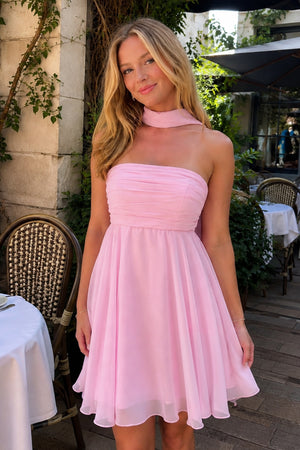 Pink - A Line Strapless Chiffon Homecoming Dresses With Scarf - KissProm