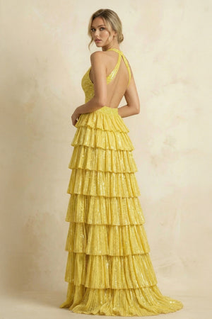 Yellow - A-Line Halter Satin Beaded Long Prom Dresses With Ruffles