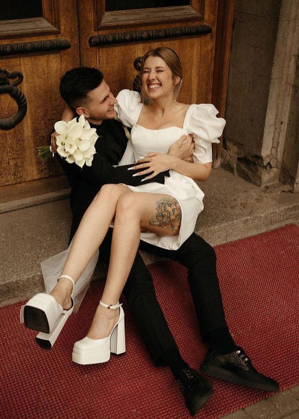 Zola | Bodycon Square Neck Satin Short Wedding Dresses with Lantern Sleeves