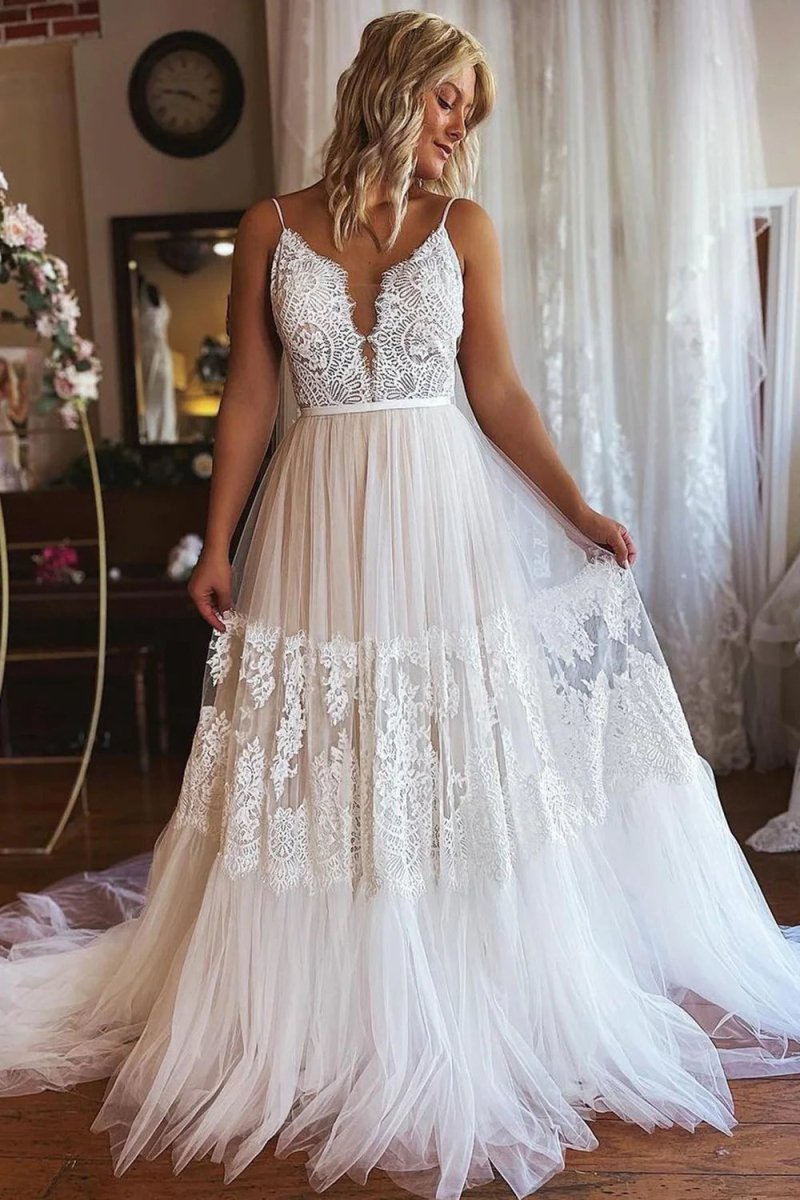 Ivory Boho A-Line Long Tulle Wedding Dress with Appliques, White-Nude / 4