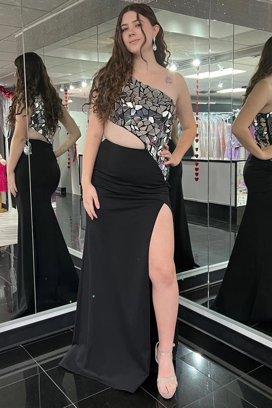 Ashley |Sheath One Shoulder Cut Mirror Sequins Prom Dress