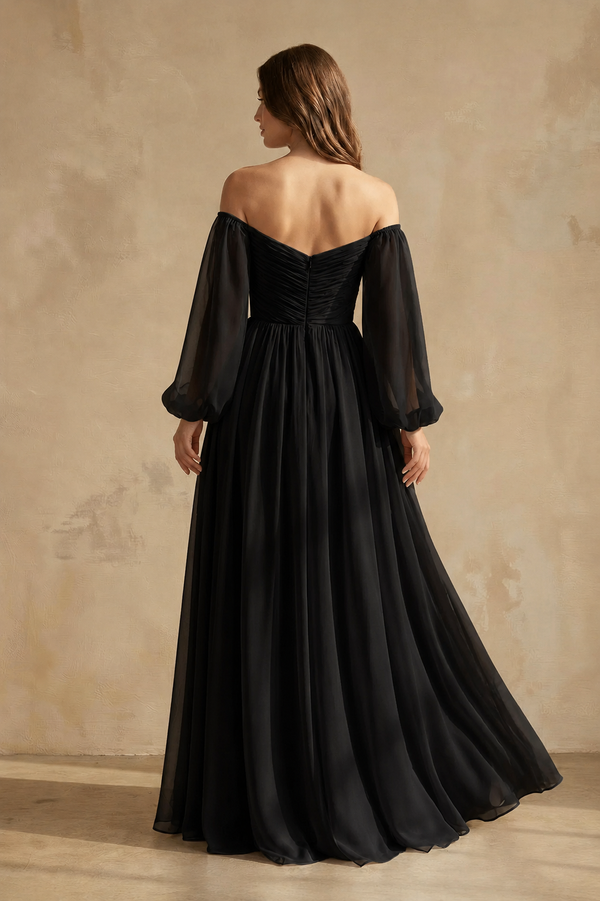 A-Line Off-the-Shoulder Long Sleeves Chiffon Floor-Length Wedding Dress