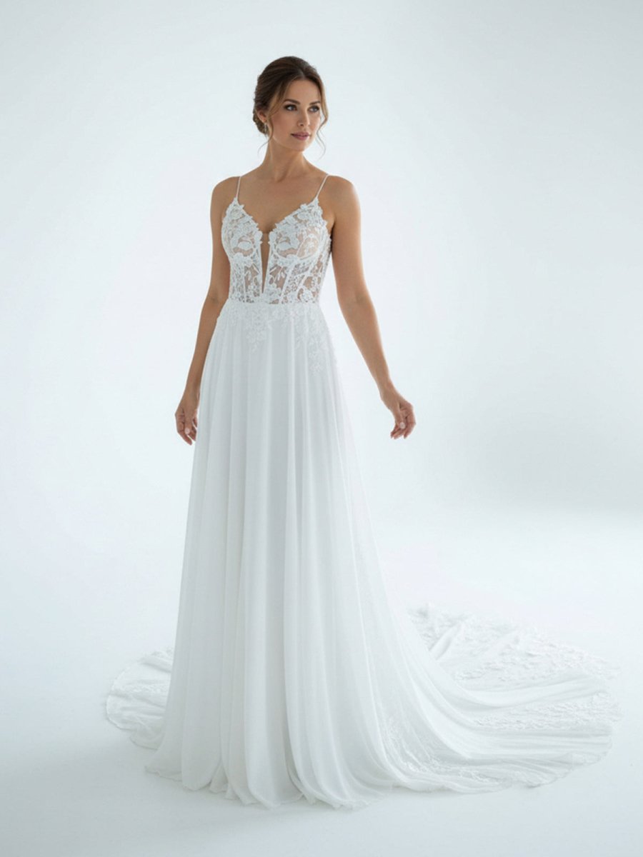 A - Line V Neck Chiffon Boho White Appliques Wedding Dresses - KissProm