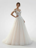 Elodika | A - Line Off - The - Shoulder Tulle Wedding Dresses With Appliques Lace - KissProm
