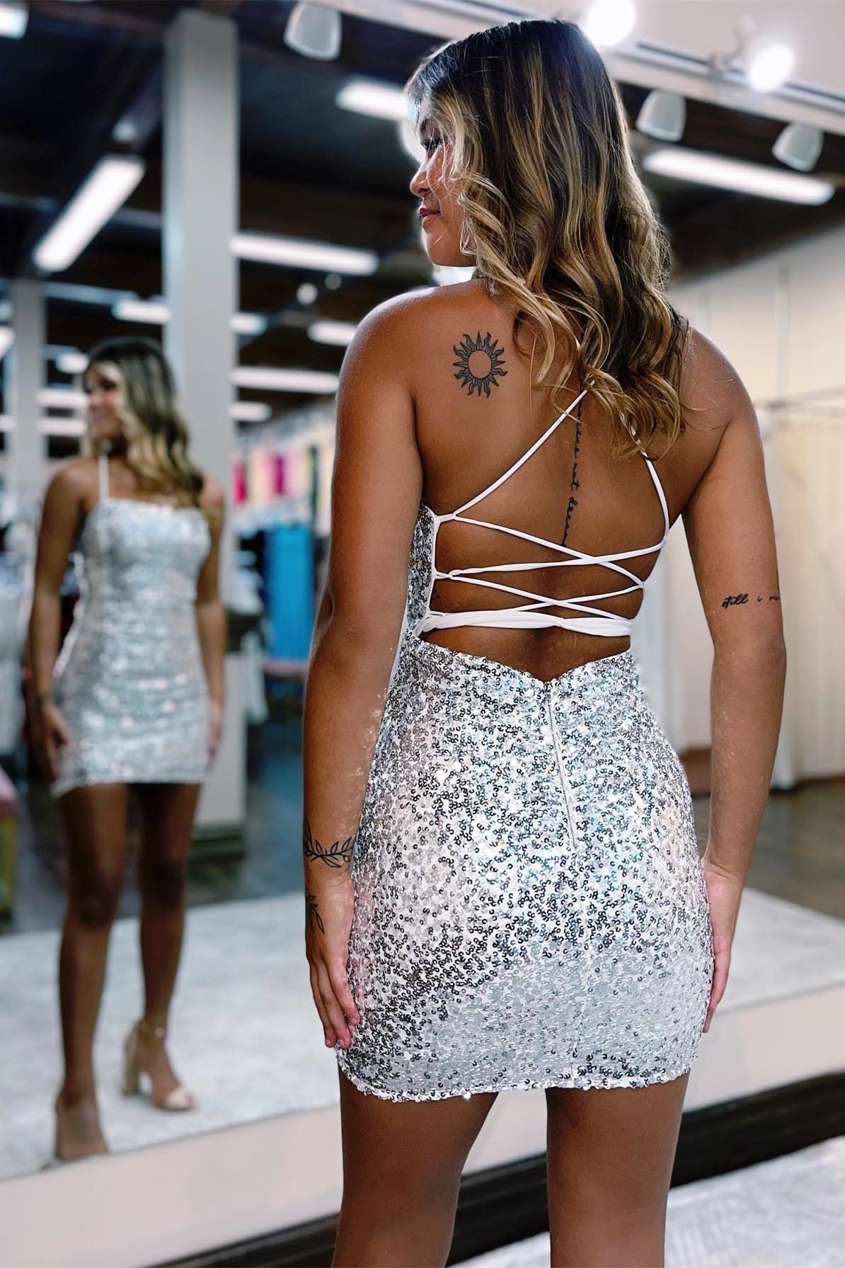 Chaya | Silver Sequin Lace-Up Short Homecoming Dress