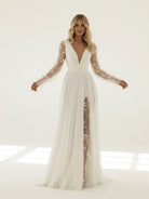 Long Sleeve Boho Flowy Wedding Dress Lace A-Line V-Neck Beach Gown with Split Front and Sweep Train