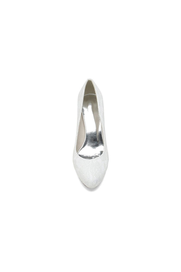 Elegant White Lace High Heels with Wooden Heel - KissProm