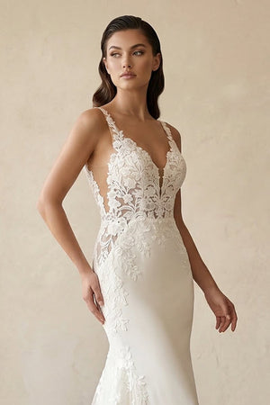 Mermaid V Neck Satin Wedding Dresses with Lace Appliques – Wedding Dresses by Kissprom | Available at KissProm