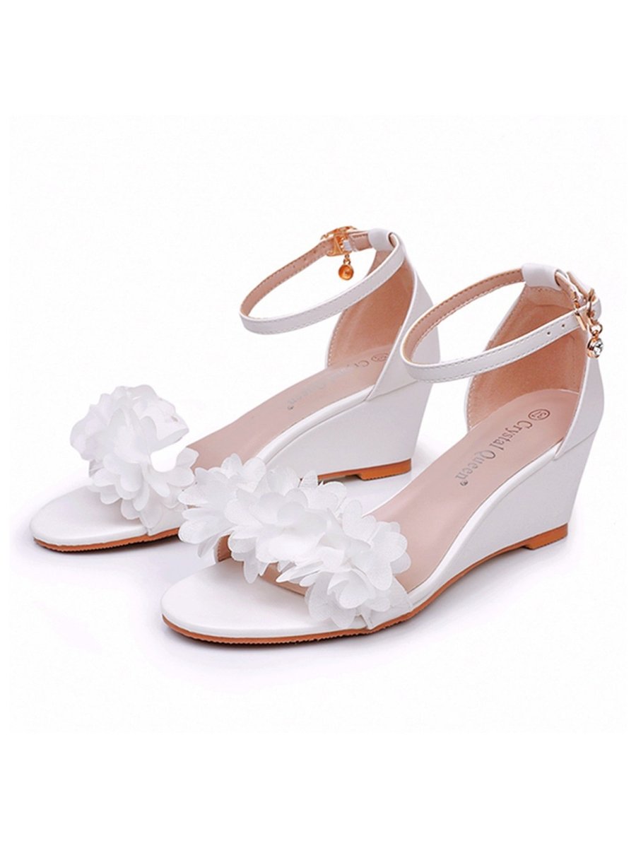 White Floral Open Toe Ankle - Strap Beach Sandals - KissProm