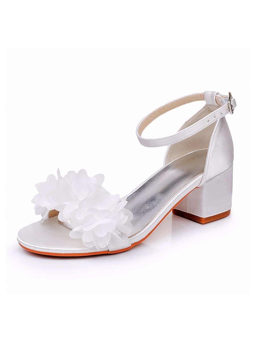 White Floral Satin Open Toe Low Chunky Heels - KissProm
