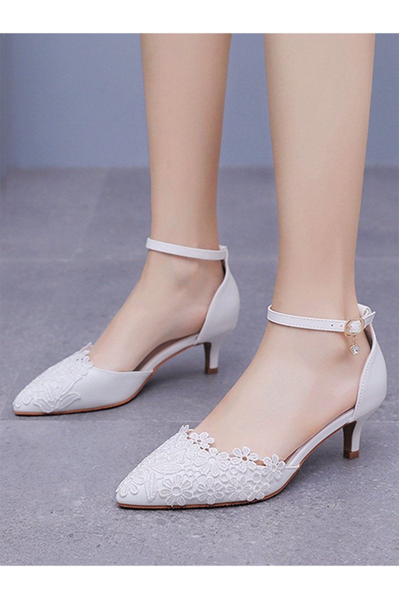 White Lace Embellished Stiletto Pointed Toe Sandals - KissProm
