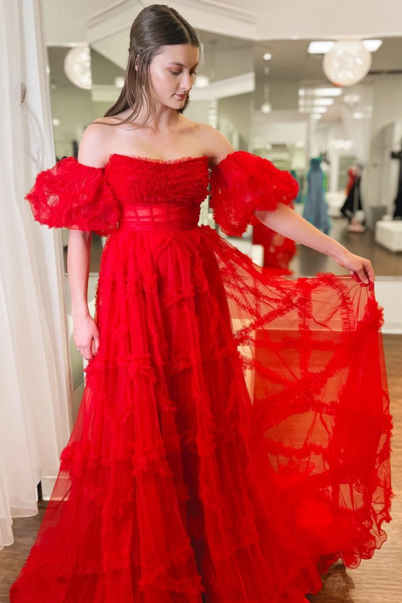 A-Line Strapless Ruffles Long Formal Dress with Puff Sleeves – Prom Dress by KissProm | Available at KissProm