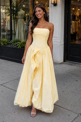 Yellow - Strapless A Line Satin Pleated Prom Dresses With Slit