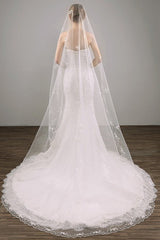 Two Tier Lace Appliques Edge Cathedral Veil Long Wedding Veil - KissProm