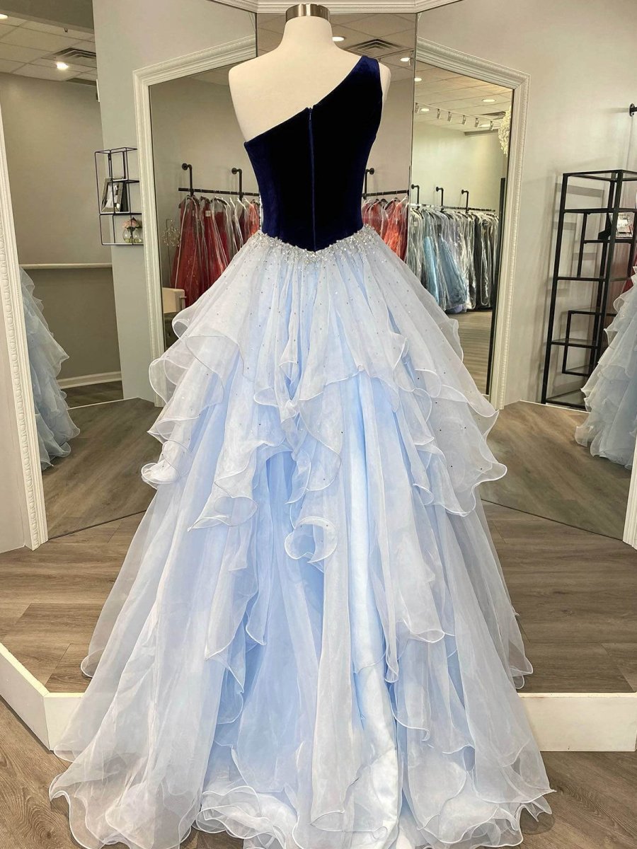 Ruffle One Shoulder Royal Blue Velvet Top Long Formal Dress Ruffle One Shoulder Royal Blue Velvet Top Long Formal Dress