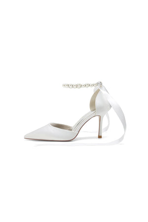Pointed Toe Pearl Strap Ribbon Tie High Heel - KissProm